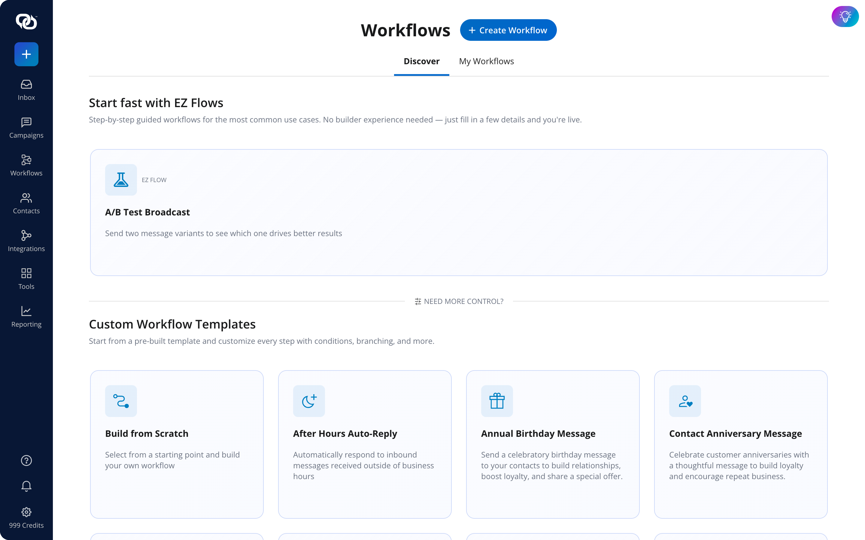 The EZ Texting Workflows builder showing EZ Flows templates including After Hours Auto-Reply and Contact Anniversary Message