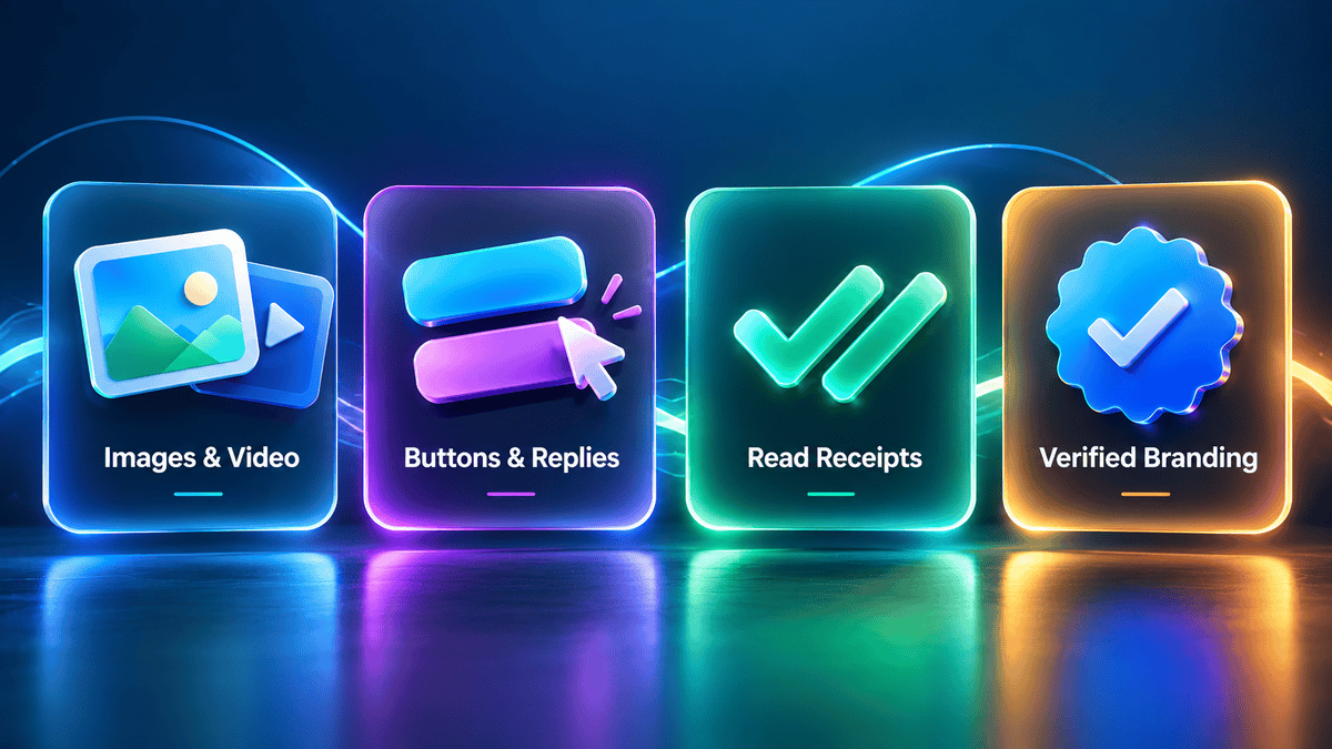 Four RCS features shown as glowing cards: images and video, buttons and replies, read receipts, and verified branding