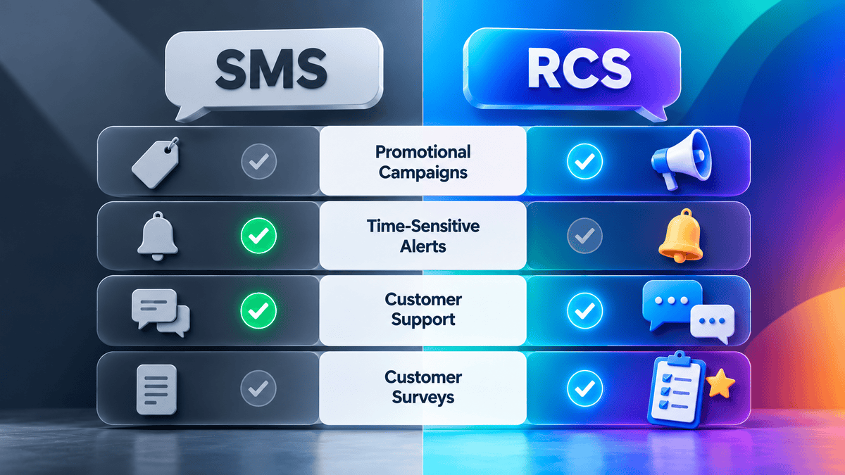 Side-by-side comparison of SMS and RCS across promotional campaigns, time-sensitive alerts, customer support, and customer surveys