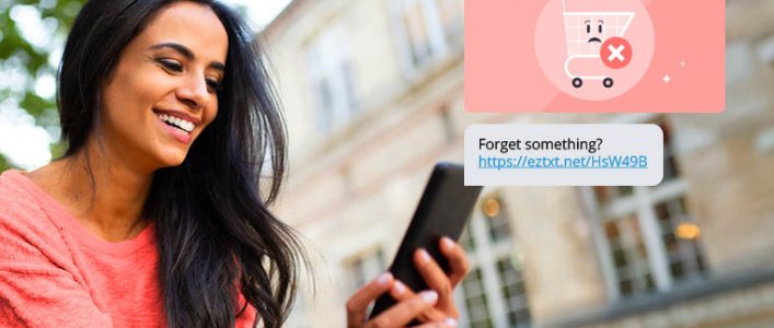 Person looking at their phone, with shopping cart icons overlaid on the image
